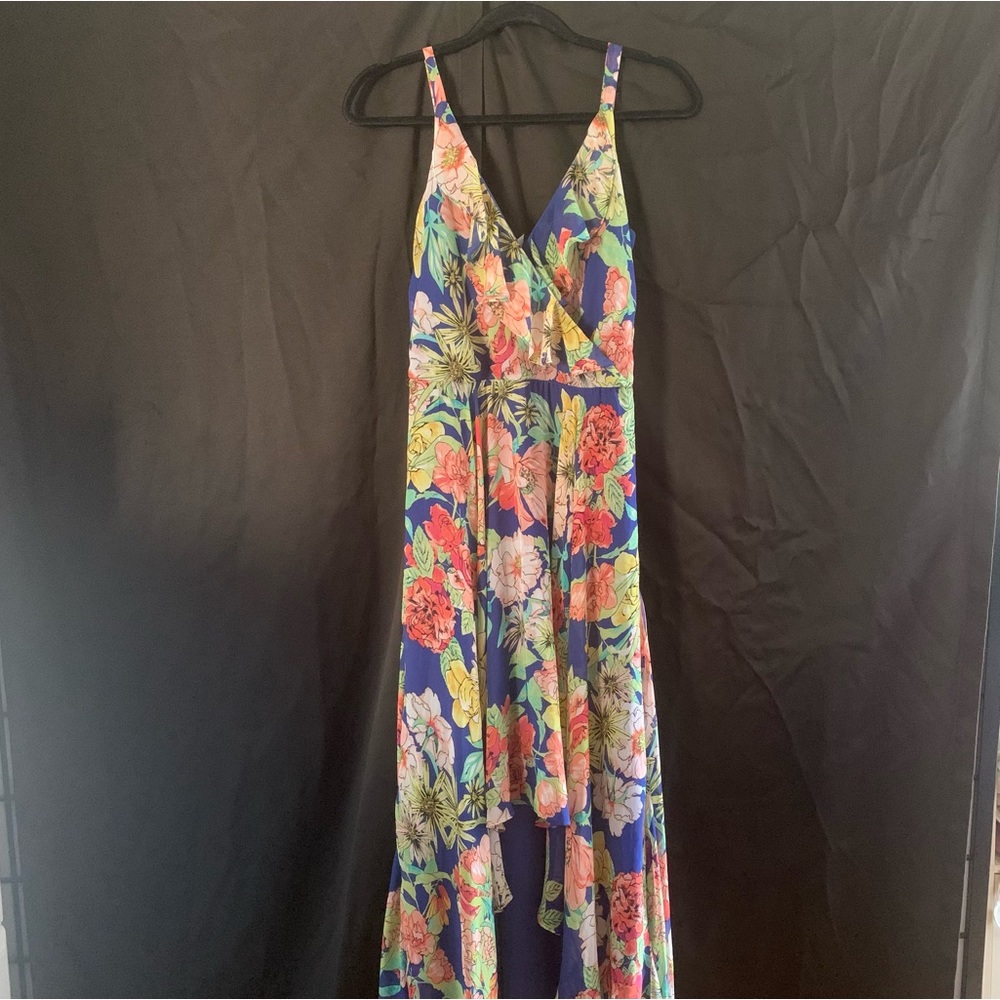 Kut Floral Draped Front Wrap Ruffle High-Low Maxi Dress